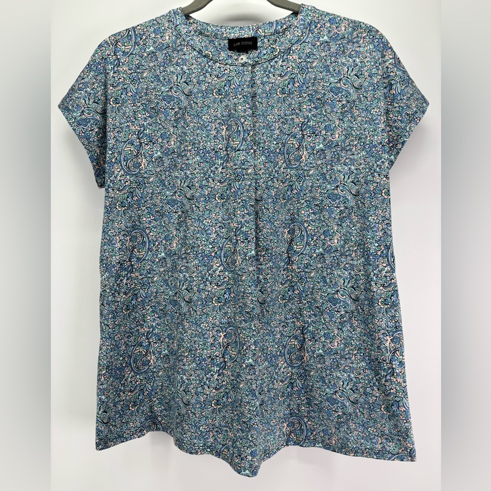 J Jill Wearever Collection top XS ditsy floral paisley print blue short sleeve